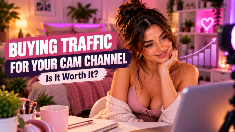 Webcam model promoting her cam channel with a laptop and traffic growth chart in a cozy streaming room
