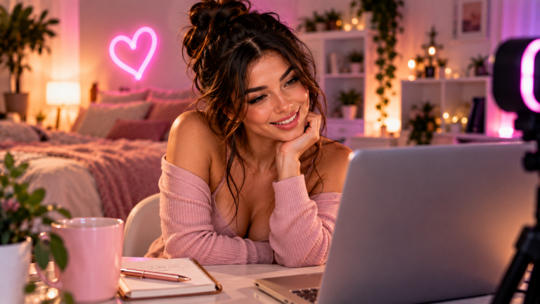 Webcam model smiling at her laptop during a private cam show in a cozy streaming room
