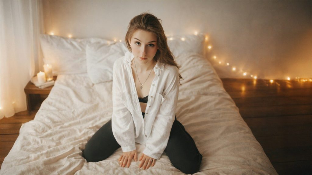 A young woman kneels on a bed with string lights
